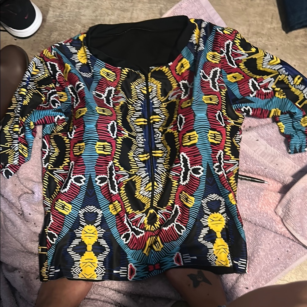 Blue and Yellow Graphic 3/4 sleeve swim wear cover top